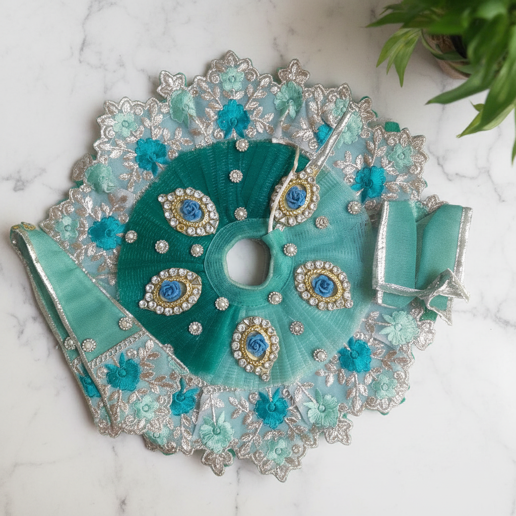Sea Green Embroidery Ladoo Gopal Poshak | Designer Krishna Dress
