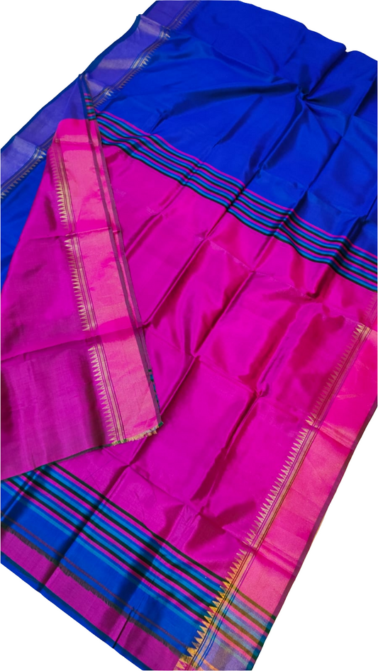 Blue pink Bishnupur Katan Silk handwork saree