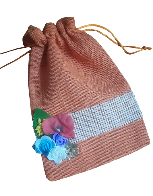 Floral design jute bag for  gifting /Diwali/ wedding                 size L6.5* H 9*inch perfect for 500g Dryfruits