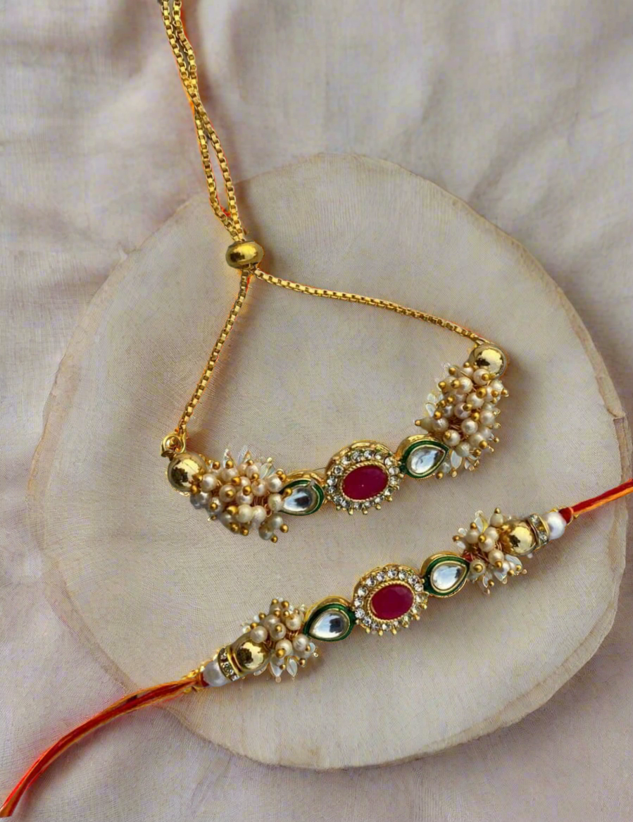 Royal Kundan Bhaiya Bhabhi Rakhi Set(1 bhaiya Rakhi, 1 bhabhi bracelet)