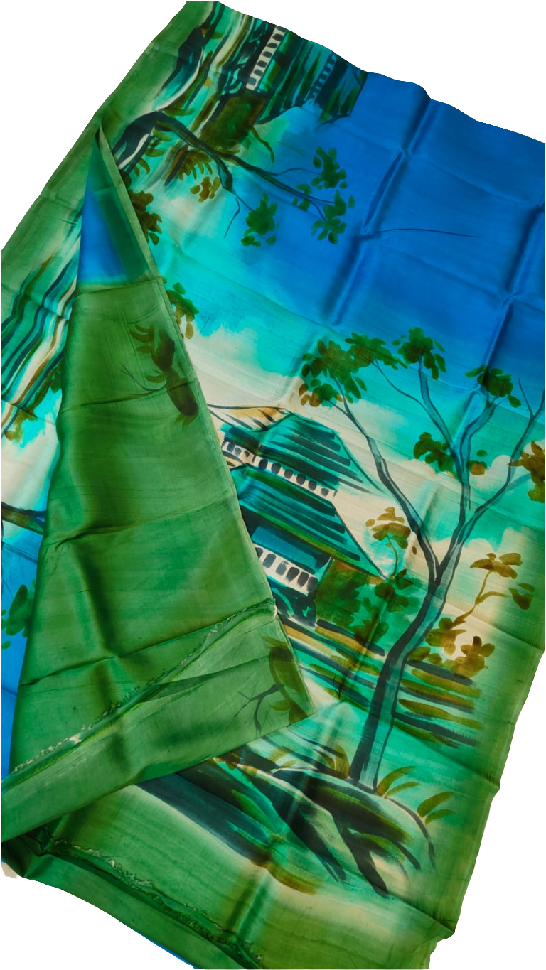 Blue green printed Bishnupuri silk saree