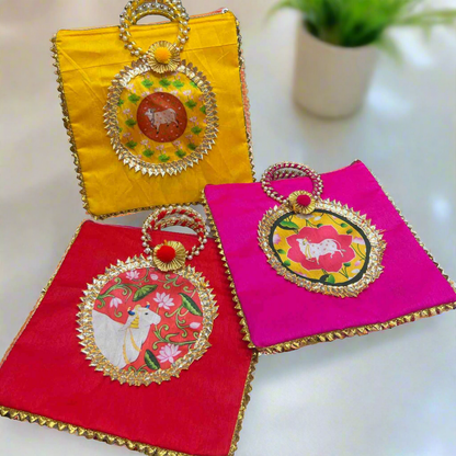 Gota work silk Gift Bags with Kamdhenu cow print pack of 1