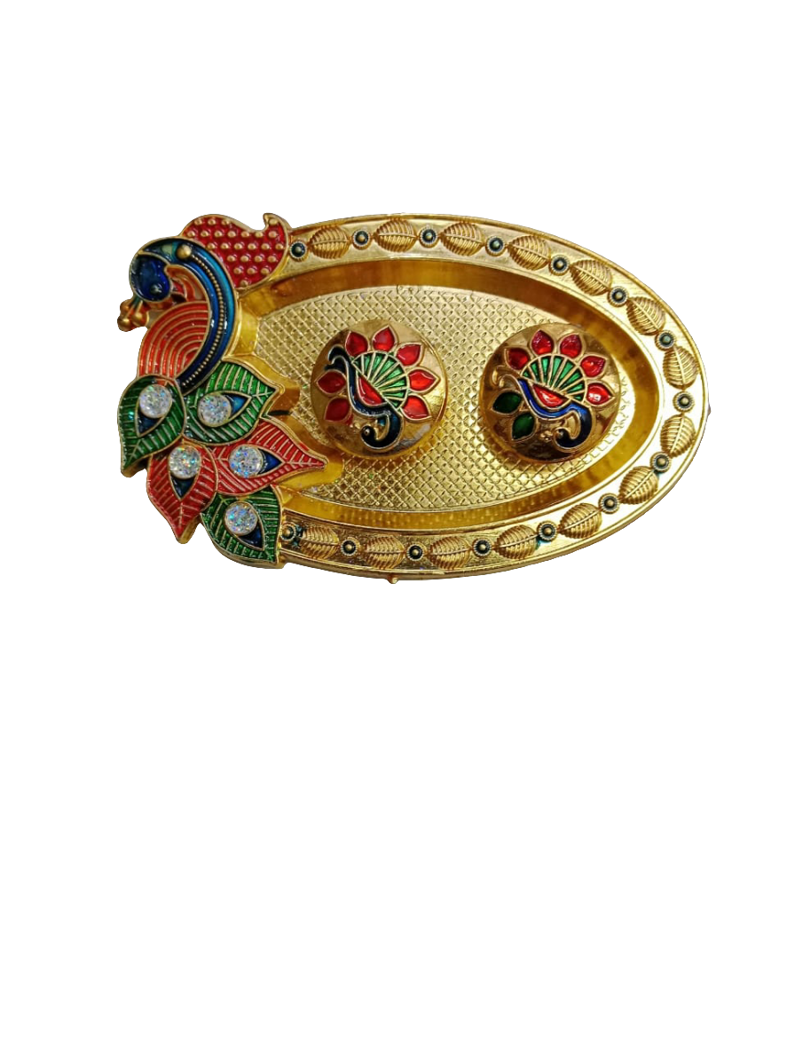 Gold plating peacock 🦚 design Sagun Roli Chawal Tilak Thali Diwali Pujan Platter/ Haldi kumkum/Housewarming Gifts Items🌹pack of 1   size:5* inch