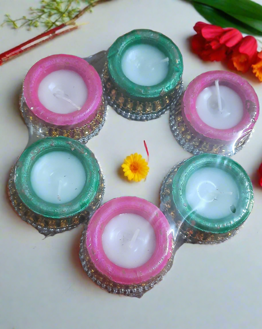 Stone gota lace work Matki designer terracotta  wax diya 🪔 7*inch round/ h 2*inch pack of 6