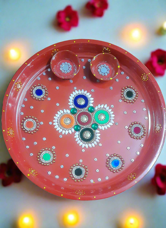 Decorative rangoli style puja thali with 2 bowl 🌹size 11.5*inch