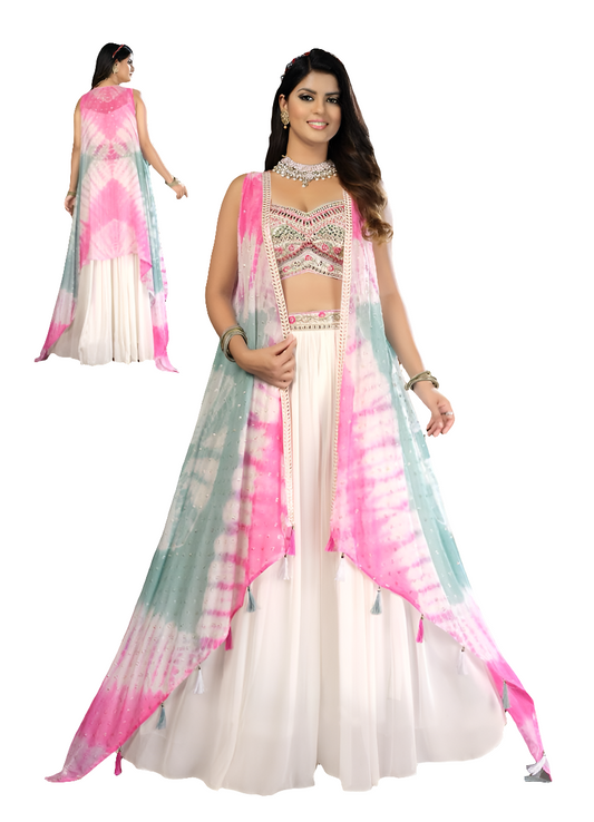 Elegant digital printed Chiffon Silk handwork crop Top palazzo set with long jacket         size: L/XL