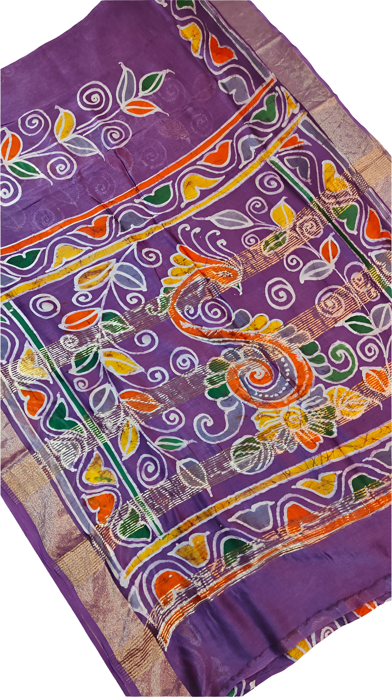 Handpainted Batik Chanderi Silk Saree – Pure Silk with Artistic Pallu & Blouse