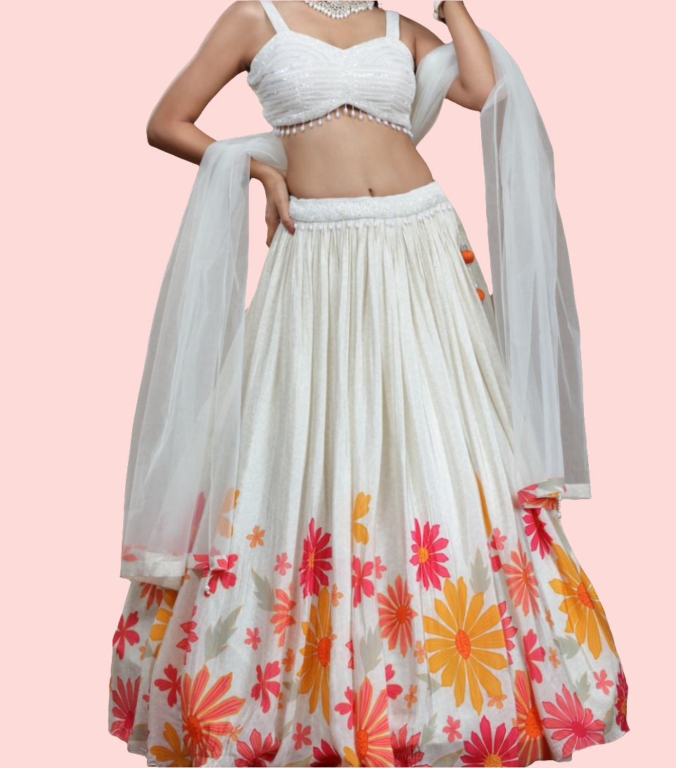 Beautiful off-white crepe crop top lehenga set  size M/ XL available