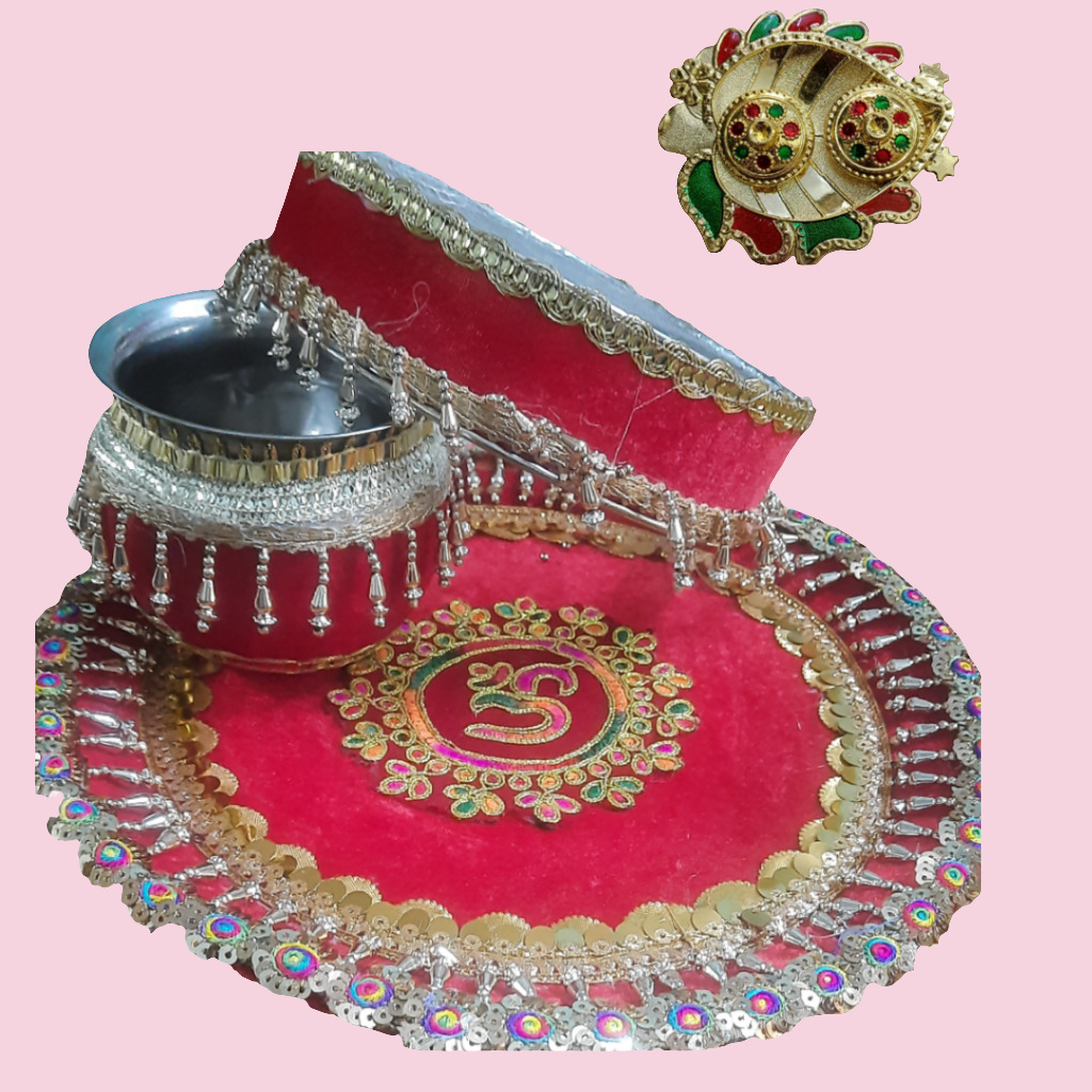 Embroidery sequence pearl stone 🕉 design Handcrafted traditional karwa chauth puja thali 🌹free gift rolli chawal platter 💫