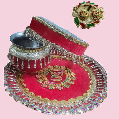 Embroidery sequence pearl stone 🕉 design Handcrafted traditional karwa chauth puja thali 🌹free gift rolli chawal platter 💫