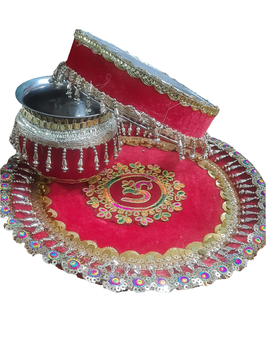 Embroidery sequence pearl stone 🕉 design Handcrafted traditional karwa chauth puja thali 🌹free gift rolli chawal platter 💫