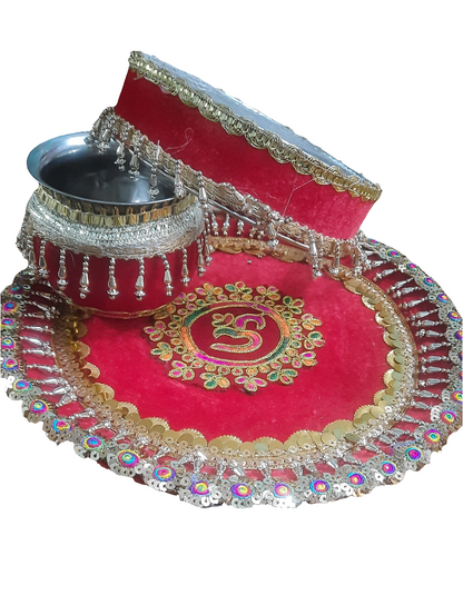 Embroidery sequence pearl stone 🕉 design Handcrafted traditional karwa chauth puja thali 🌹free gift rolli chawal platter 💫
