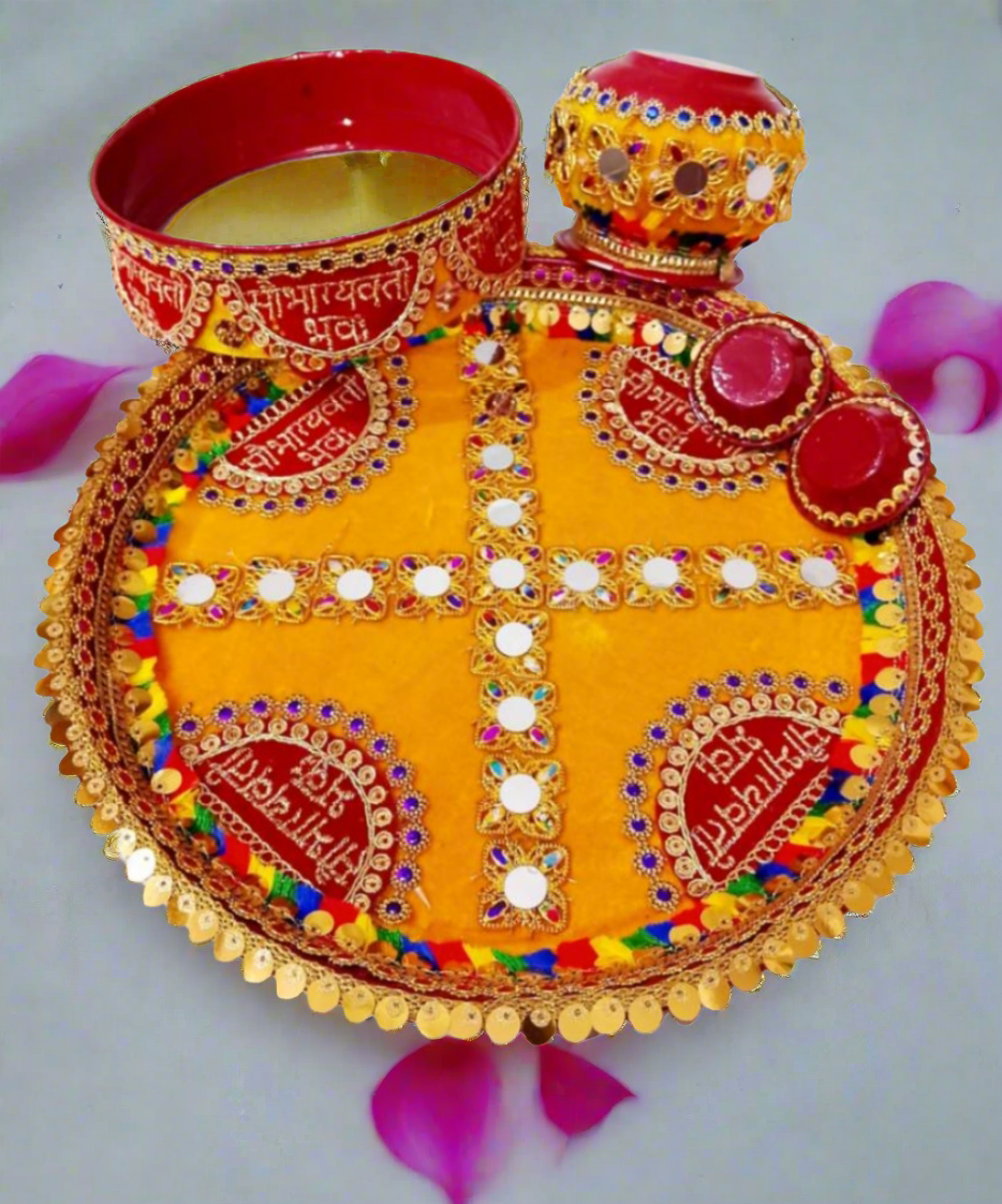 TRADITIONAL KARWA CHAUTH PUJA THALI🌹 UNIQE DESING  THALI SET WITH LOTA/KALASH DIYA CHANI & BOWL/ KATORI   WITH BEAUTIFUL THALI COVER 💫size: 14*inch steel