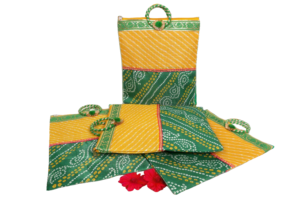 Jaipuri Bandhej Bag for Pooja/ mangal path/Haldi kumkum return Gifting bag🌹 (Pack of 1)  size H 32 * cm B 25* cm