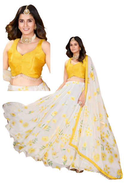 Festival special yellow 💛 &white digital print beads and pearl work georgette crop top lehenga set.  size: L /XL  available