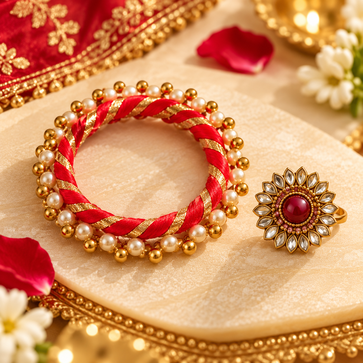 Traditional bangle and ring shagun set with 2 bangles and 1 matching ring for wedding gifting