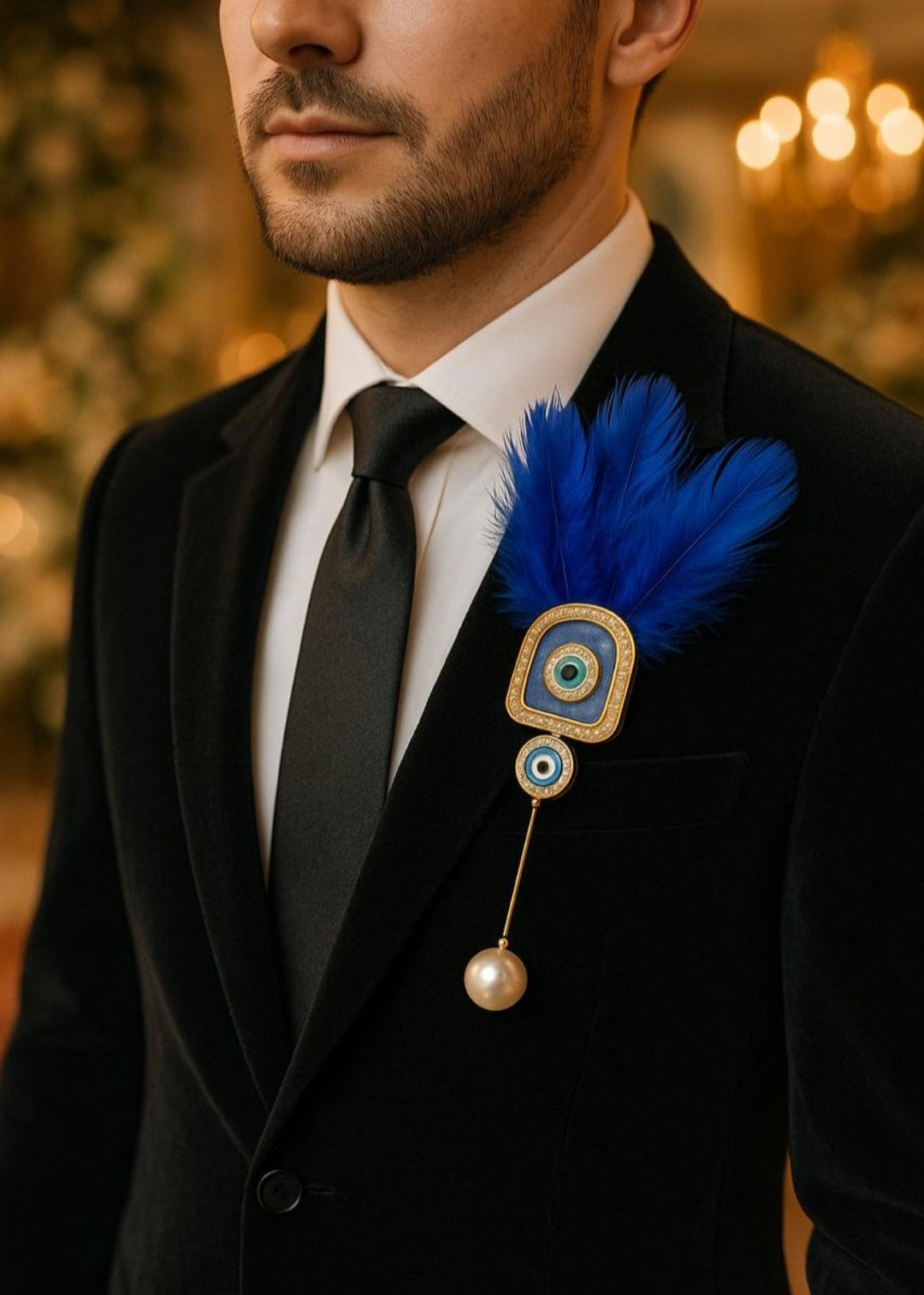 Blue feather evil eye wedding welcome brooch with gold-tone crystal detailing and pearl drop for Indian wedding celebrations.