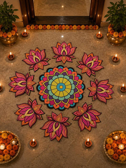 Blue Floral 3D Lotus MDF Rangoli design
