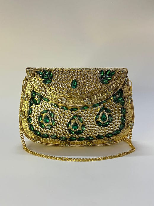Brass metal Jadau clutch bag with elegant structured designer design