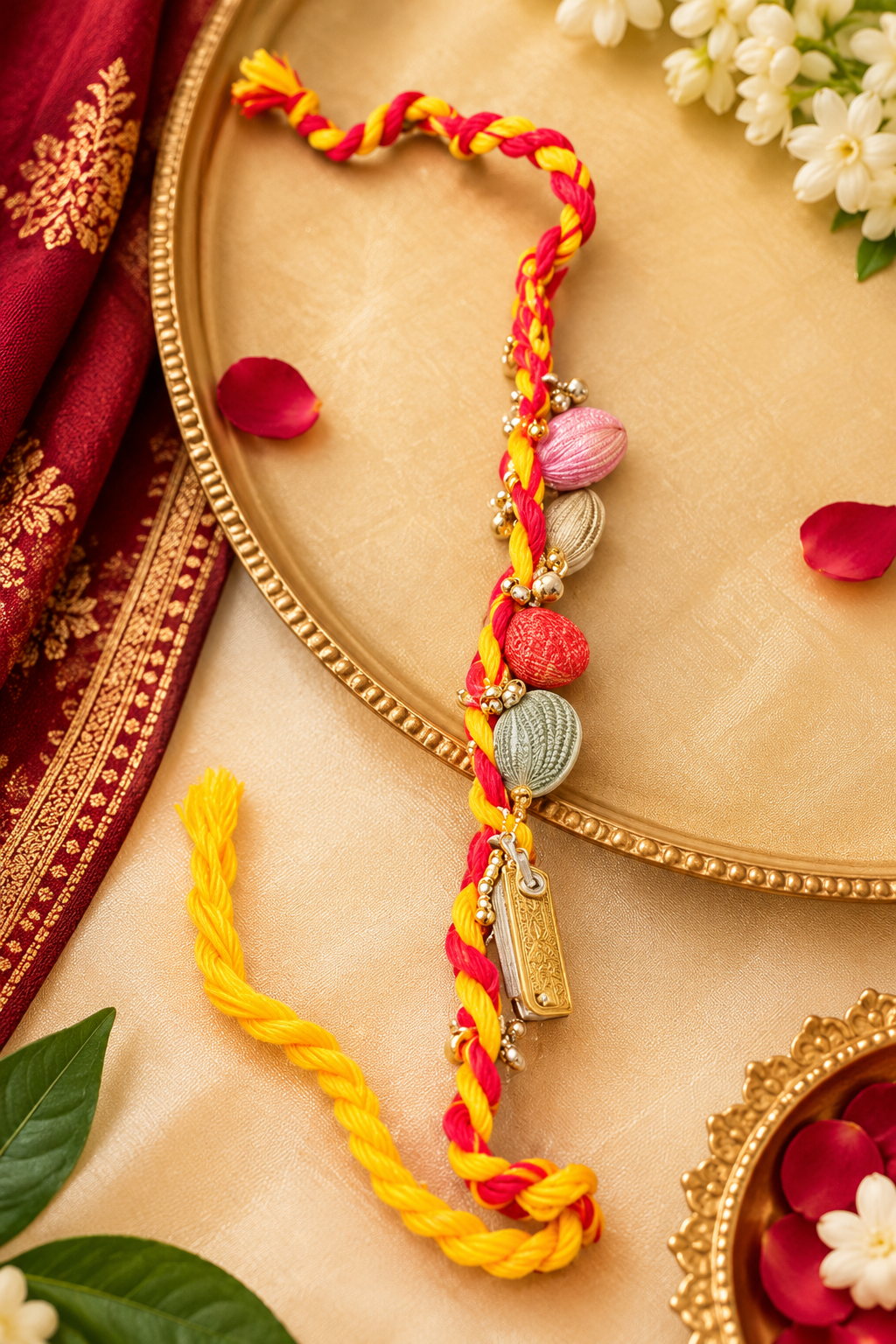 Bride and groom Kankan Dora with red and yellow braided thread and traditional wedding ritual accessories