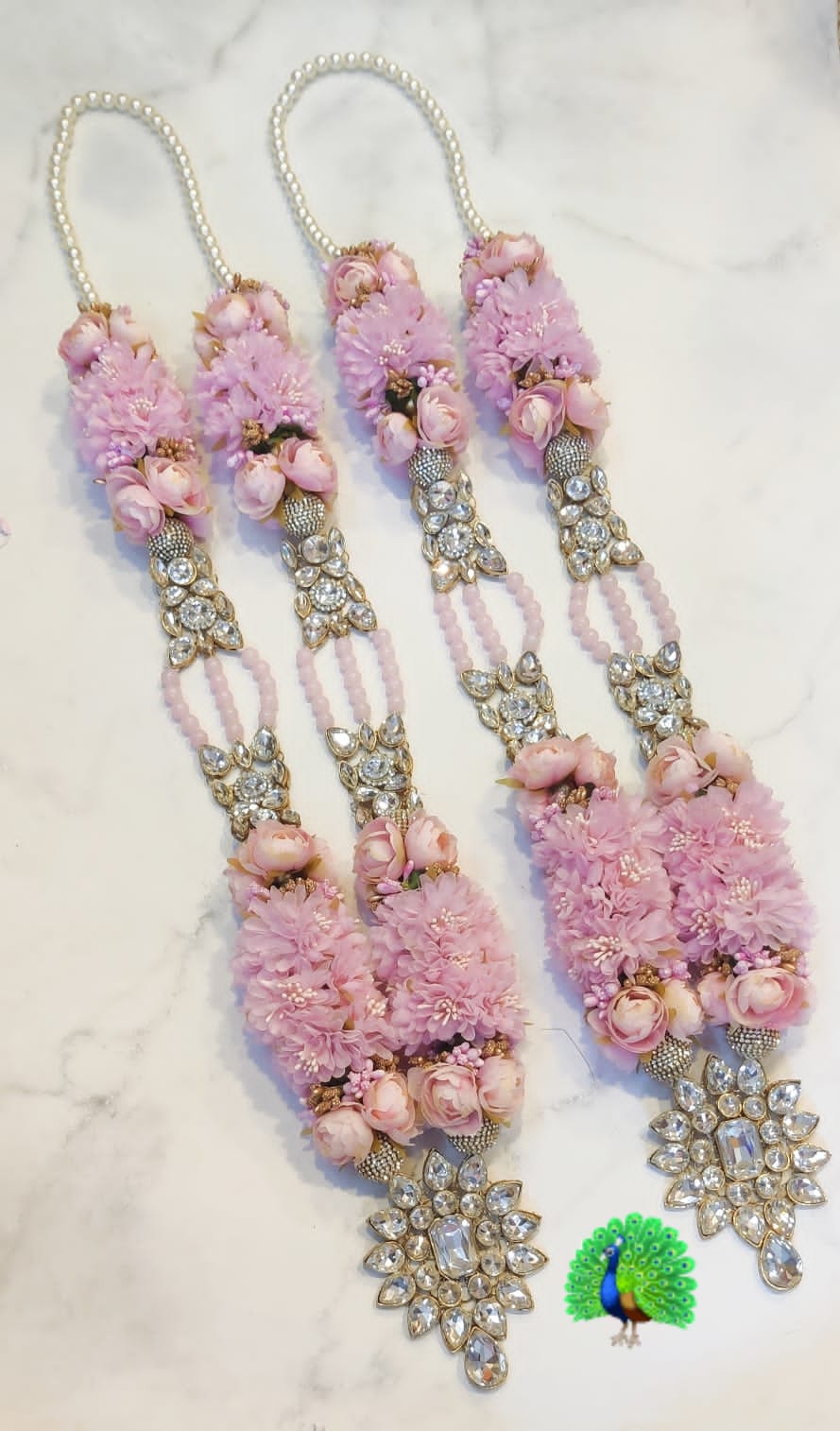 Bride and groom pink rose varmala jaimala garland set with pearl and kundan-style detailing