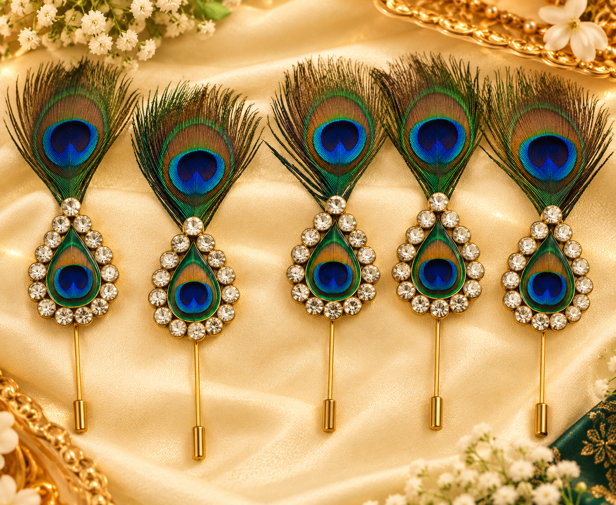 Pack of 25 decorative peacock feather brooches for wedding guest accessories and festive events