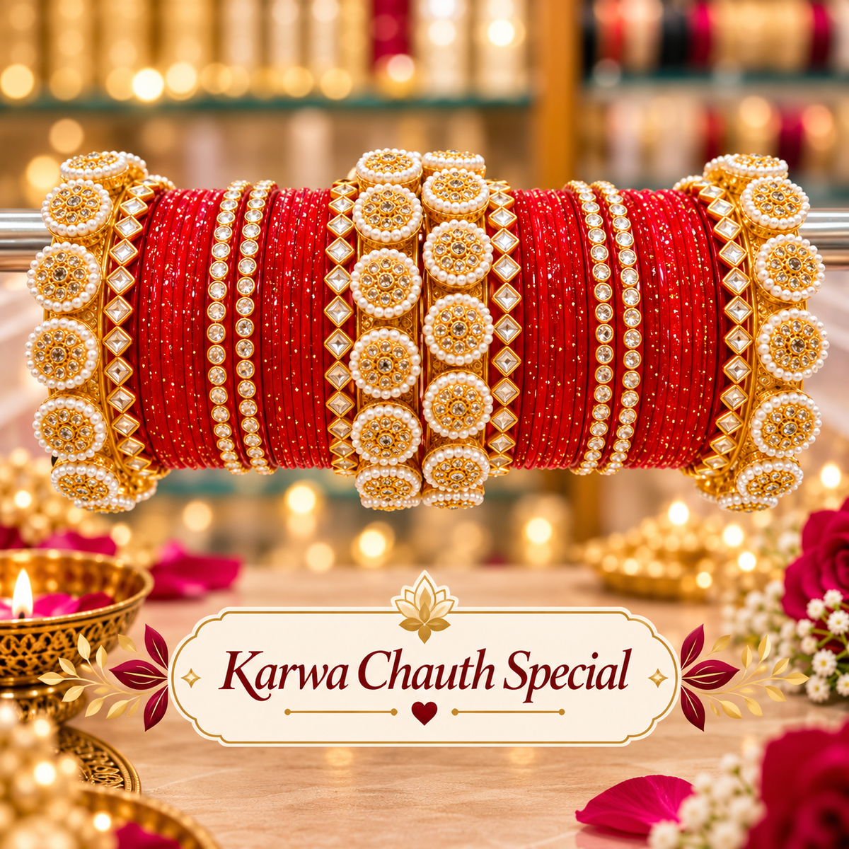 Classic red Rajputi chooda for Karwa Chauth with gold and pearl-style bridal detailing