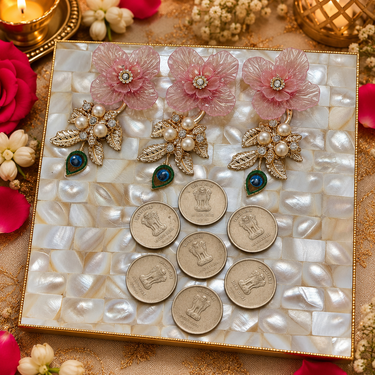 Decorative coin platter arranged for presenting coins during an Indian wedding shagun ceremony.