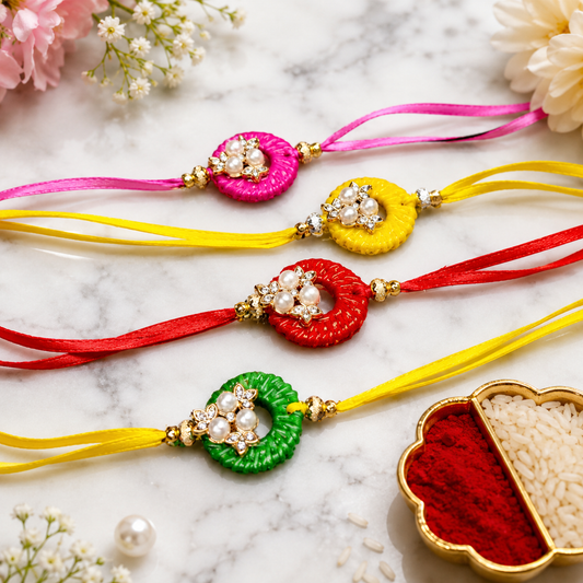 Colourful Floral Pearl Designer Rakhi with Stone Work for Brother in Pink, Yellow, Red and Green Colours