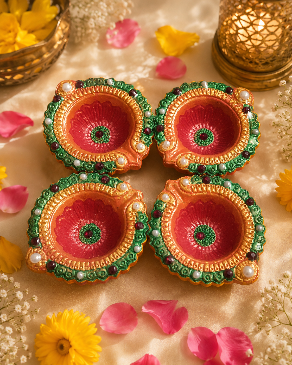 Colourful pearl embellished handmade terracotta diyas for Diwali decoration
