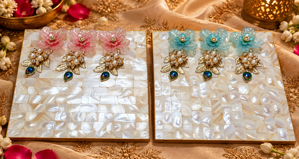 Close-up of the decorative detailing on a handcrafted coin and money platter for traditional ceremonies.