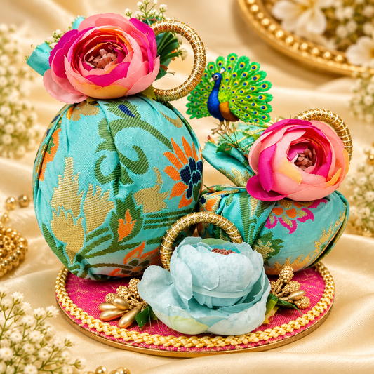 Decorative Gath Nariyal platter with colourful floral detailing for traditional Indian wedding and festive gifting