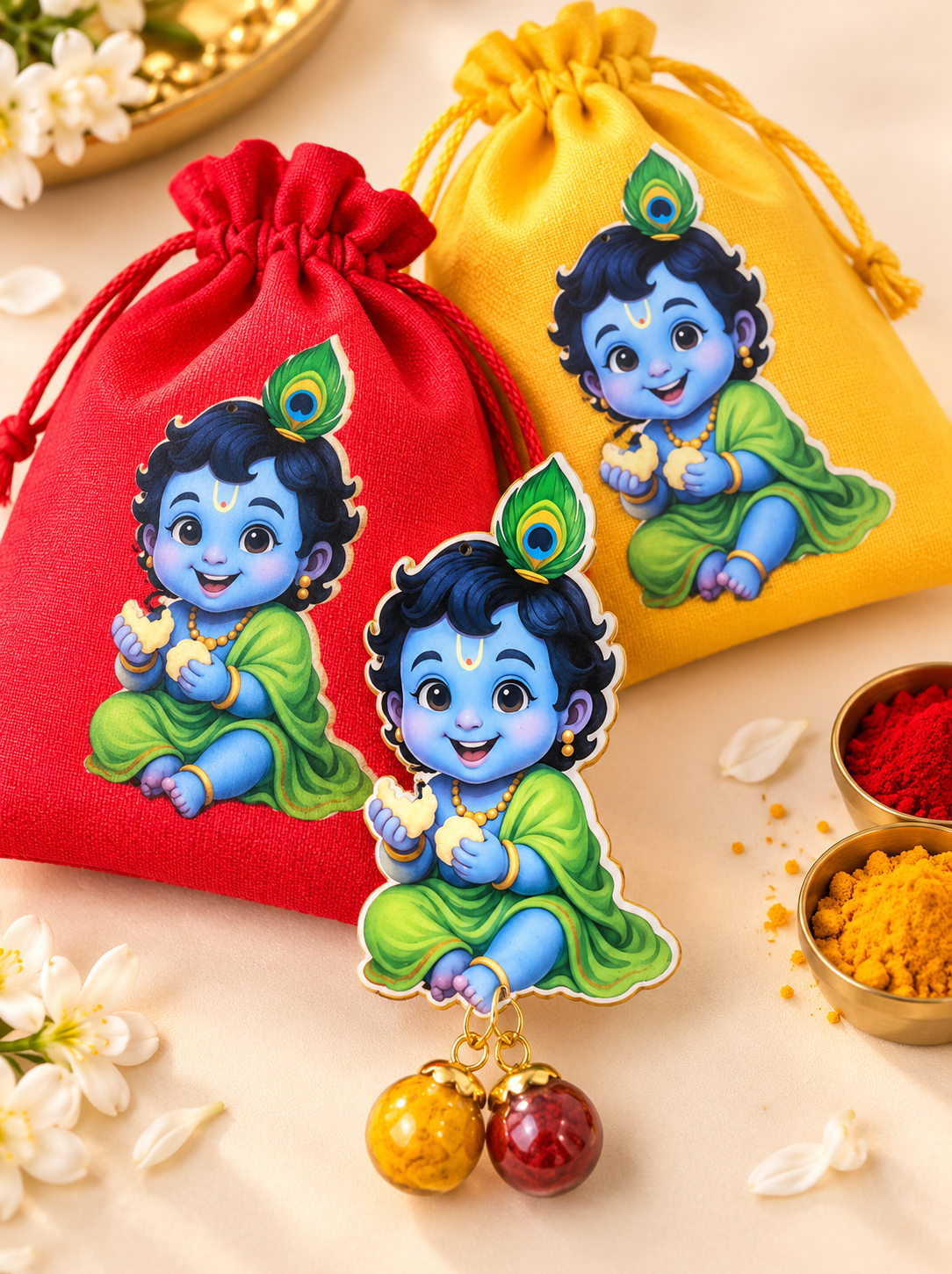 Decorative Lakshmi hanging charm with colorful goddess design and hanging beads
