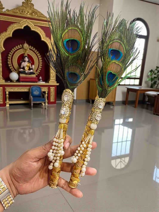 Decorative mor pankh peacock feather sticks for Indian wedding rituals, Krishna pooja, Janmashtami, and traditional festive decoration, pack of 10