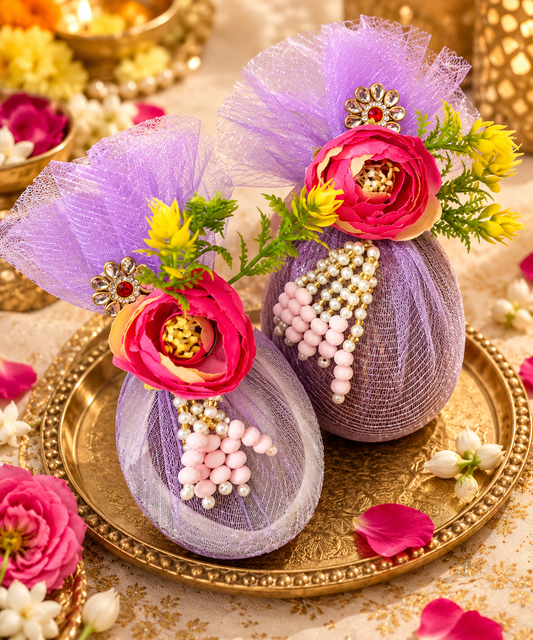 Decorative Nariyal Sagun set of six for Indian wedding rituals, Mayra ceremonies and traditional shagun gifting.