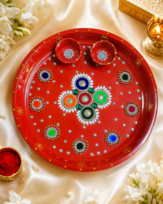 Decorative Rangoli style Pooja Thali with 2 bowls