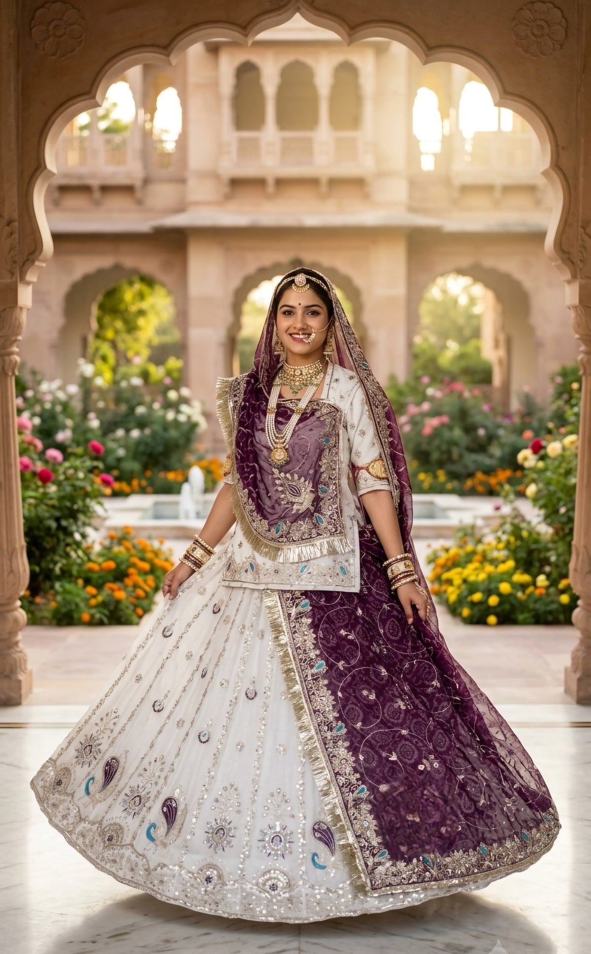 Designer 5 meter gher Bandhej Rajputi Poshak with traditional detailing