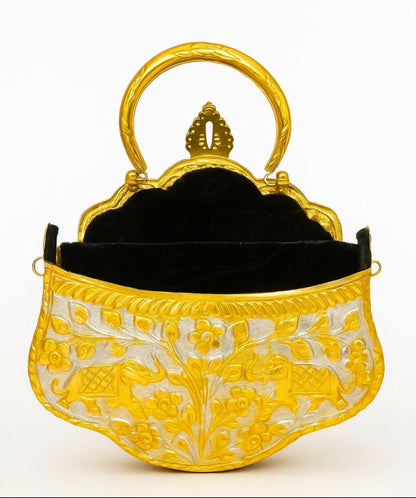 Designer brass wedding handbag with elegant ethnic detailing