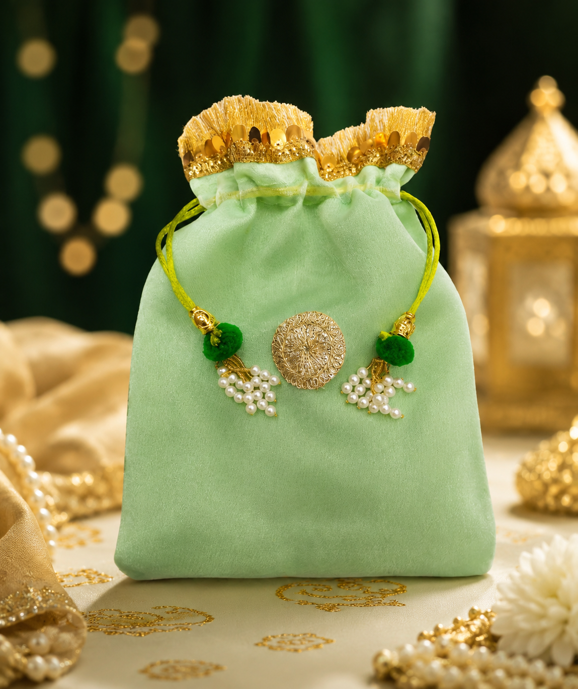 Designer embellished potli bag styled for festive gifting