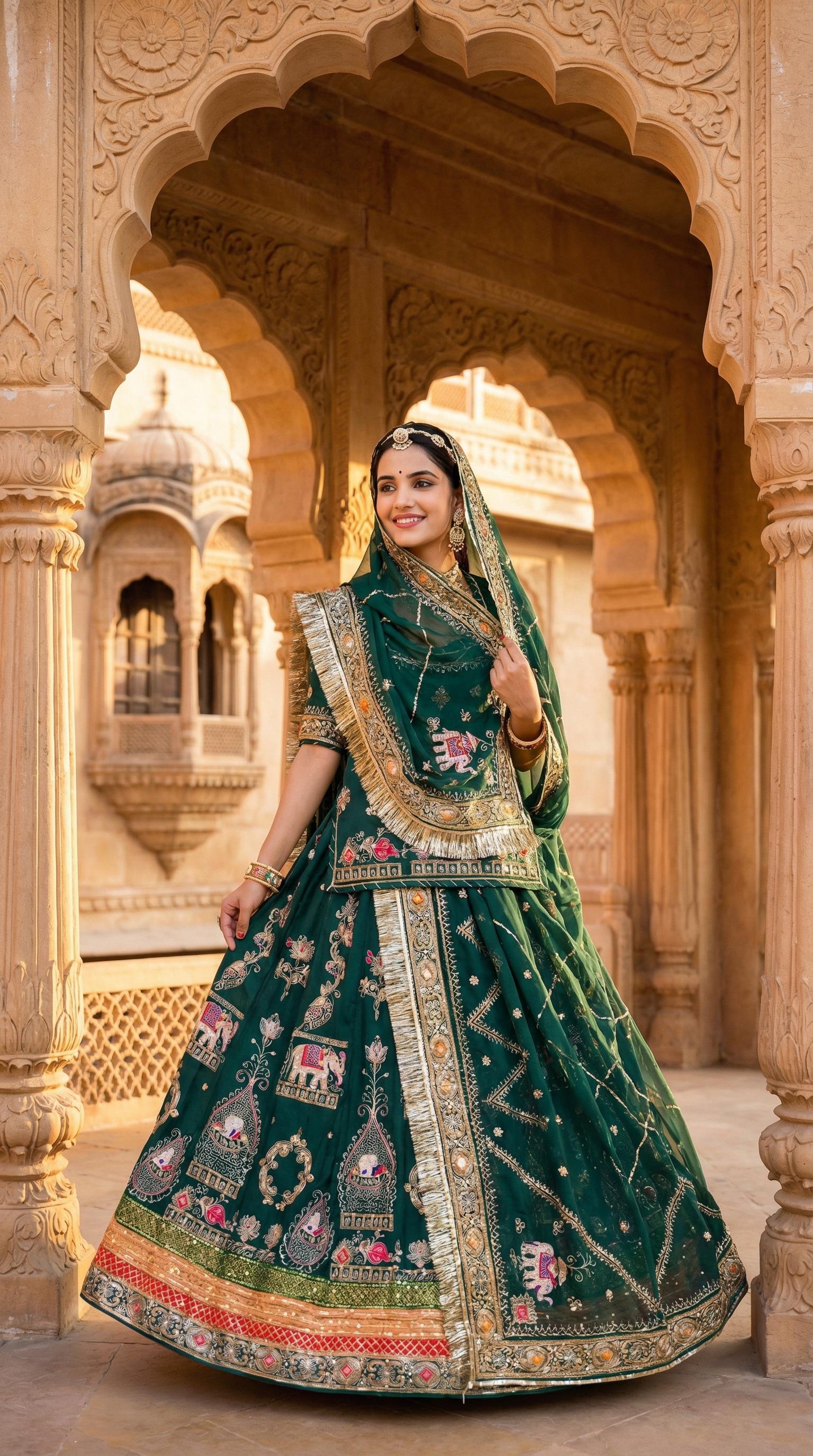 Designer green Rajasthani lehenga suit with intricate ethnic motifs and decorative detailing