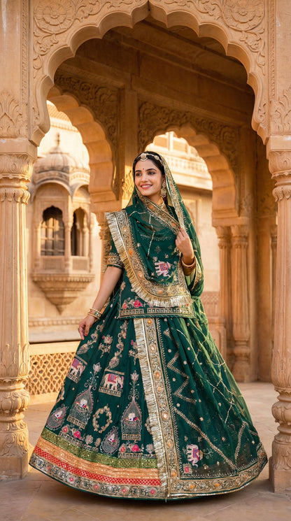 Designer green Rajasthani lehenga suit with intricate ethnic motifs and decorative detailing