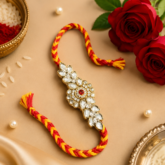 Designer Kundan Diamond Stone Work Moli Kalawa Rakhi for Brother with Sacred Red Thread