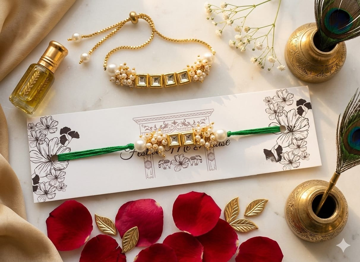 Handmade Kundan Pearl Bhaiya Bhabhi Lumba Rakhi Set with Roli Chawal