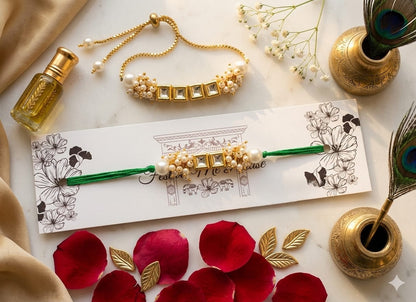 Handmade Kundan Pearl Bhaiya Bhabhi Lumba Rakhi Set with Roli Chawal
