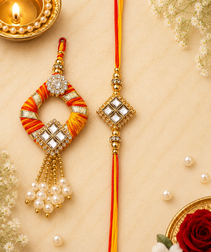 Designer Moli Kalawa Bhaiya Bhabhi Rakhi Set with traditional Gota work