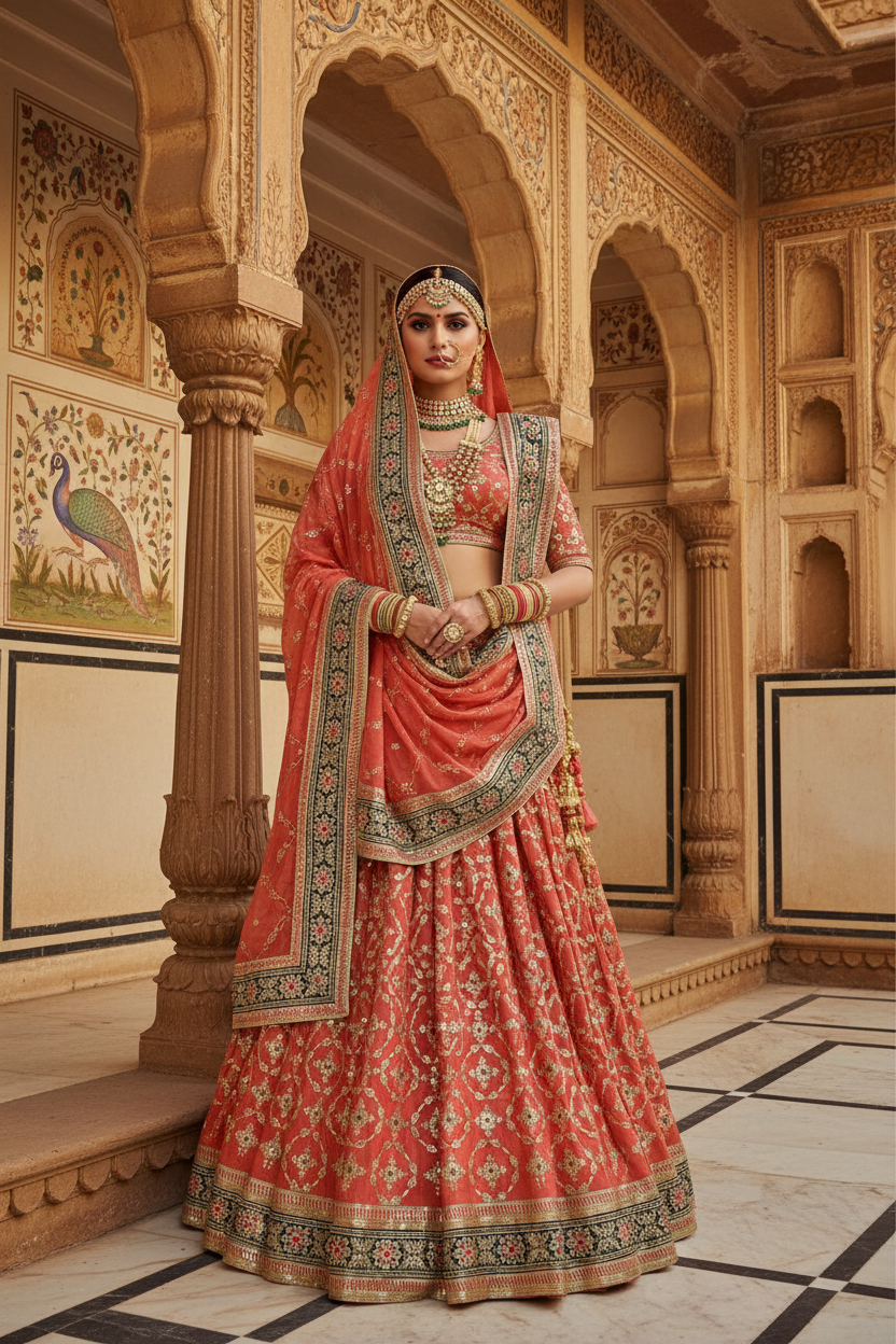 Full length view of designer Rajputi poshak with traditional lehenga