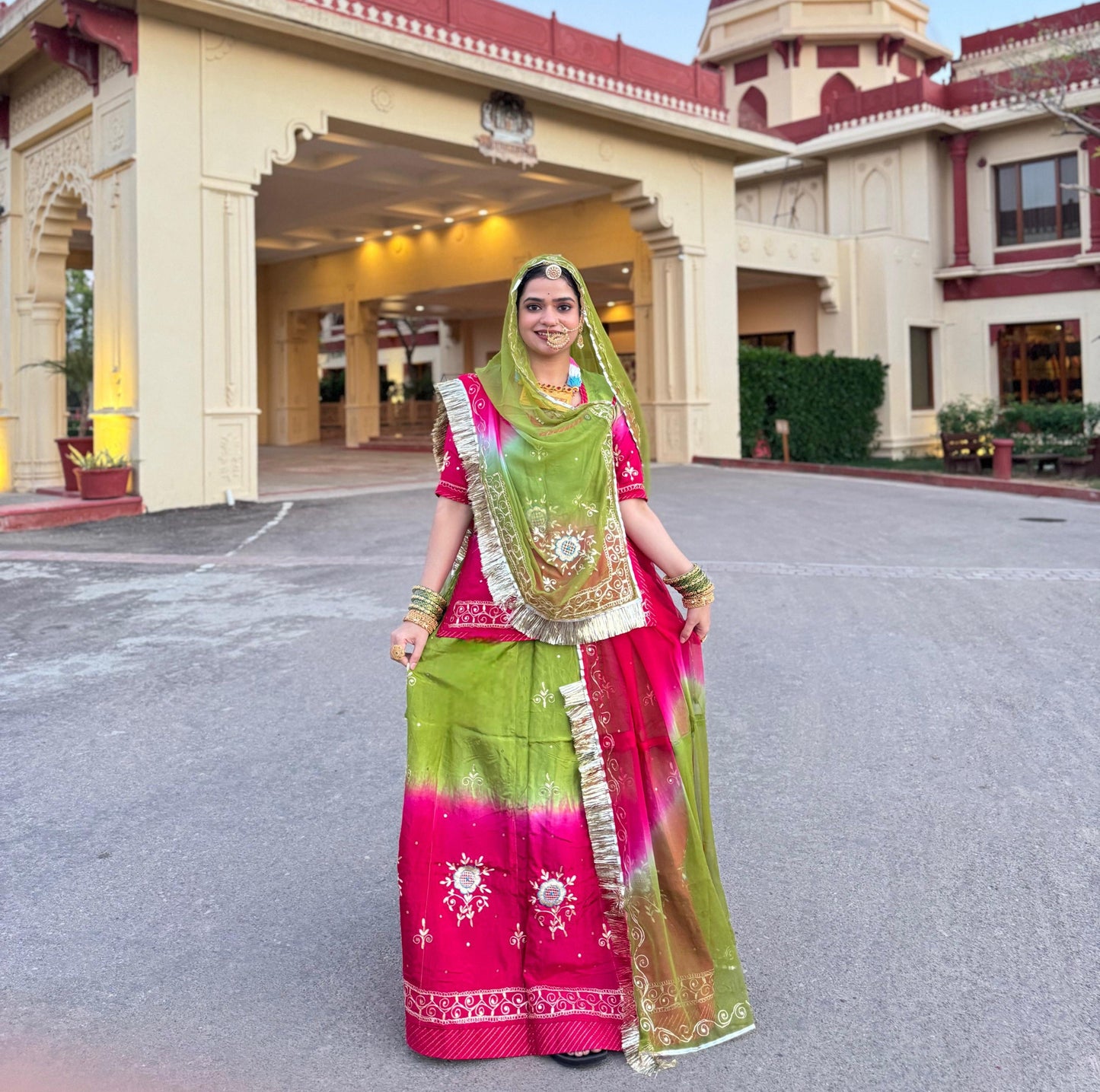 Designer Rajputi Poshak with intricate Kundan embroidery and boutique finishing