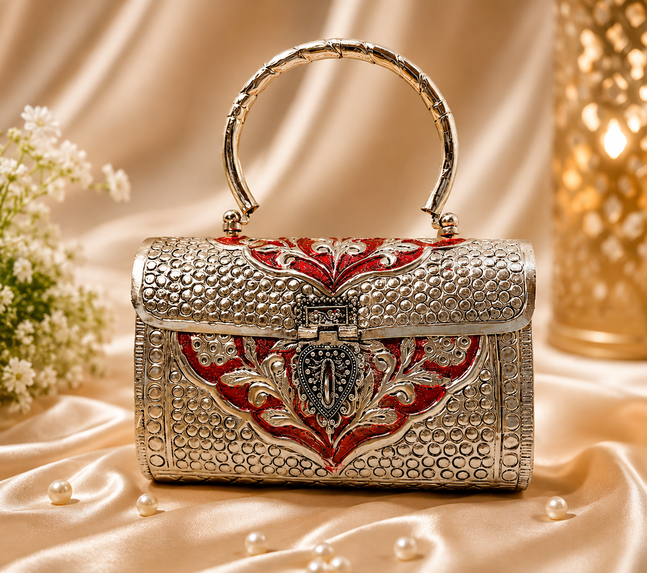 Designer silver brass party handbag for ethnic occasions