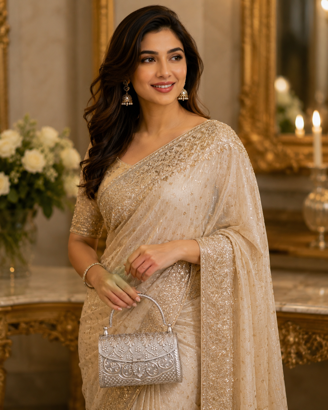 Designer silver clutch purse for weddings festive occasions and parties