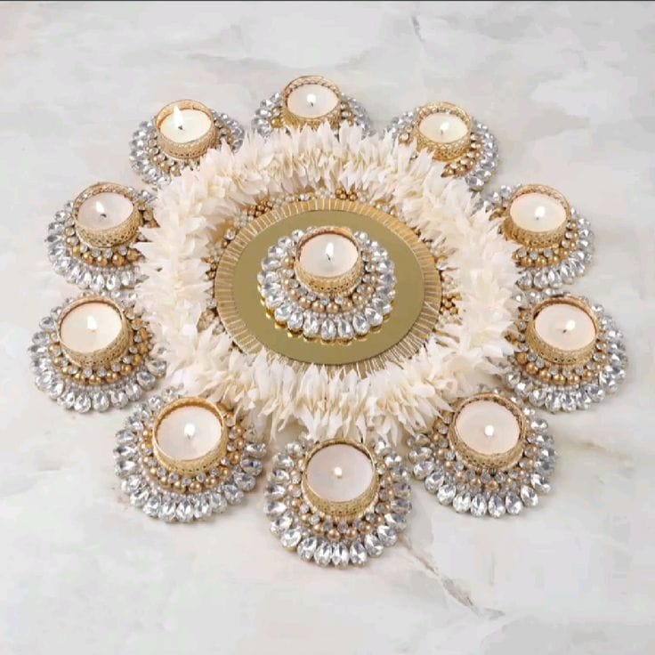 Diamond stone Jagra decorated rangoli set with 10 candle holders